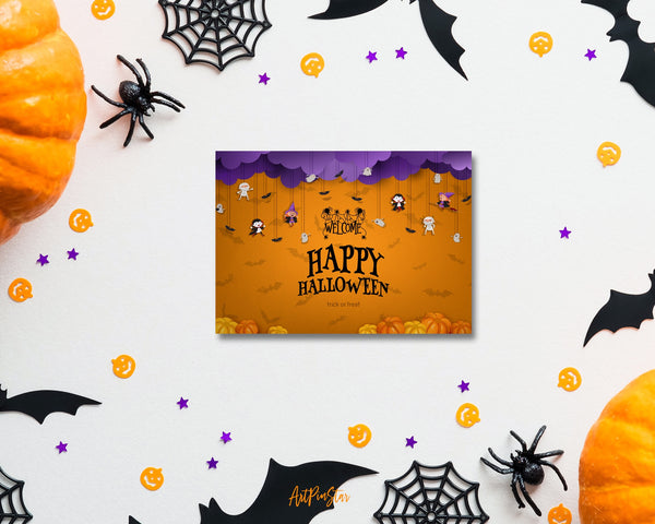 Halloween Trick or Treat with Purple Clouds Witch Vampire Ghost Bats Pumpkin Custom Holiday Greeting Card