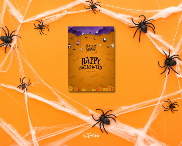 Halloween Trick or Treat with Purple Clouds Witch Vampire Ghost Bats Pumpkin Custom Holiday Greeting Card