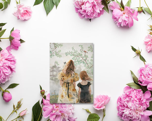 Mom and Child with Tree by the Lake Mother's Day Greeting Cards
