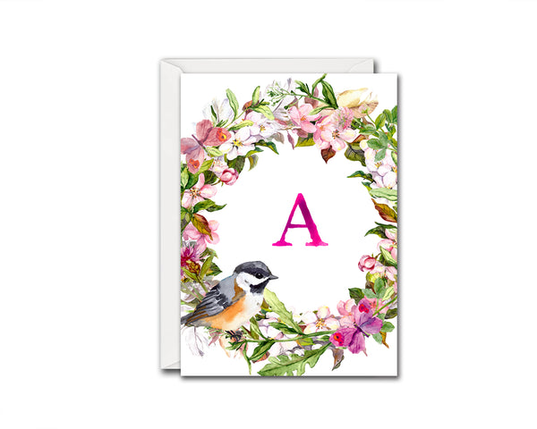 Alphabet Wreath Pink Letter A Boho Floral Bird Monogram Note Cards