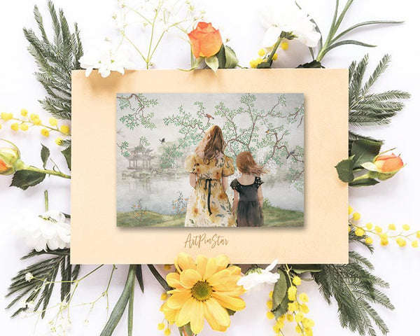 Mom and Child with Tree by the Lake Mother's Day Greeting Cards