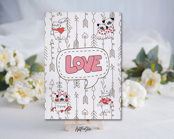 Valentine's Day Cute Cat and Pug Dog with Little Heart Customized Greeting Card