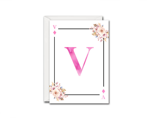 Boho Floral Bouquet Initial Flower Letter V Diamond Monogram Note Cards