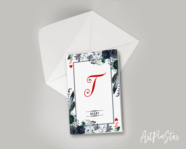 Watercolor Floral Flower Bouquet Initial Letter T Heart Monogram Note Cards