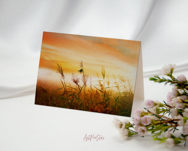 Grain Paddy Field, Foggy Morning Mist Landscape Custom Greeting Cards