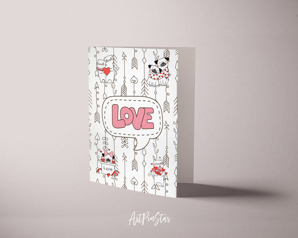 Valentine's Day Cute Cat and Pug Dog with Little Heart Customized Greeting Card