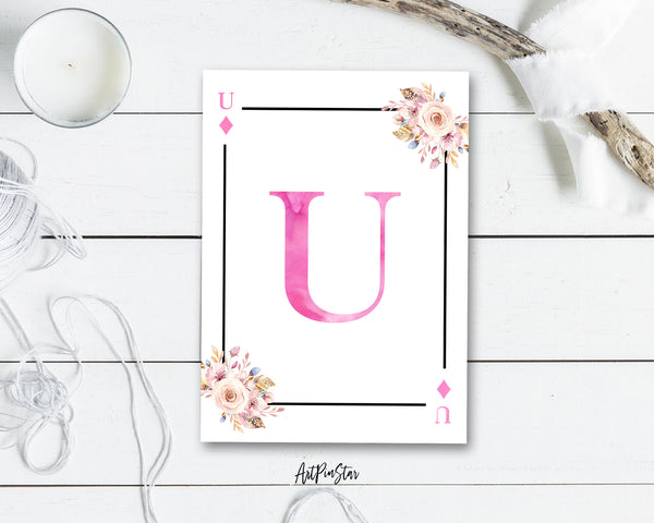 Boho Floral Bouquet Initial Flower Letter U Diamond Monogram Note Cards