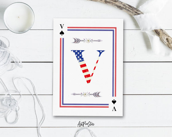 American Flag Letter V Spade Monogram Note Cards