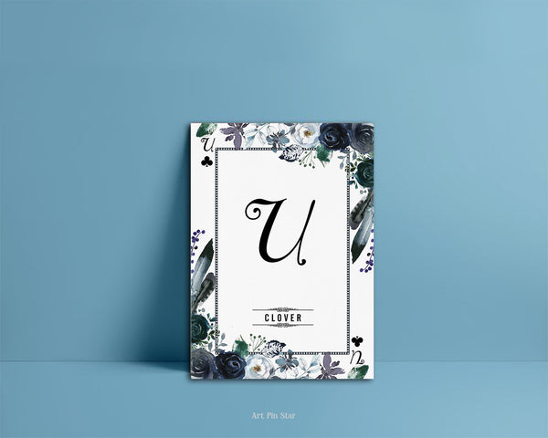 Watercolor Floral Flower Bouquet Initial Letter U Clover Monogram Note Cards