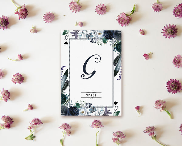 Watercolor Floral Flower Bouquet Initial Letter G Spade Monogram Note Cards