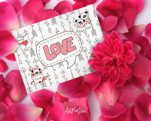 Valentine's Day Cute Cat and Pug Dog with Little Heart Customized Greeting Card