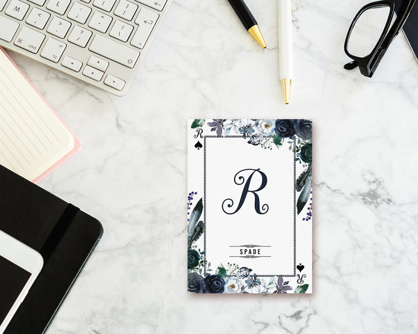 Watercolor Floral Flower Bouquet Initial Letter R Spade Monogram Note Cards