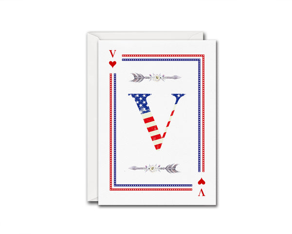 American Flag Letter V Heart Monogram Note Cards