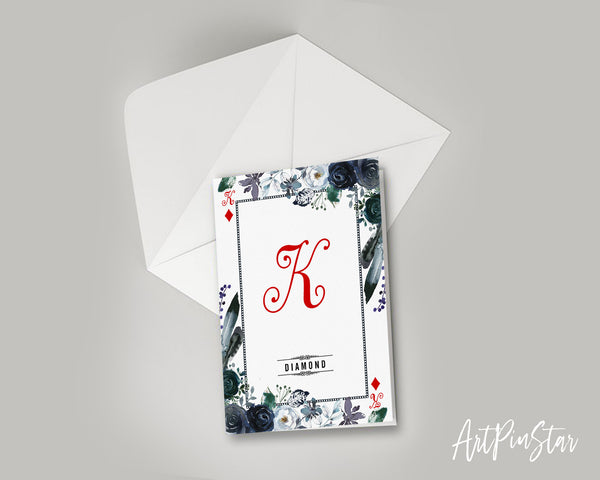 Watercolor Floral Flower Bouquet Initial Letter K Diamond Monogram Note Cards