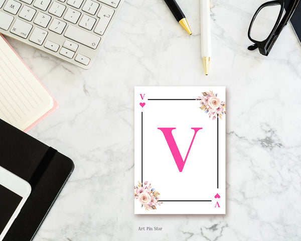 Boho Floral Bouquet Initial Flower Letter V Heart Monogram Note Cards