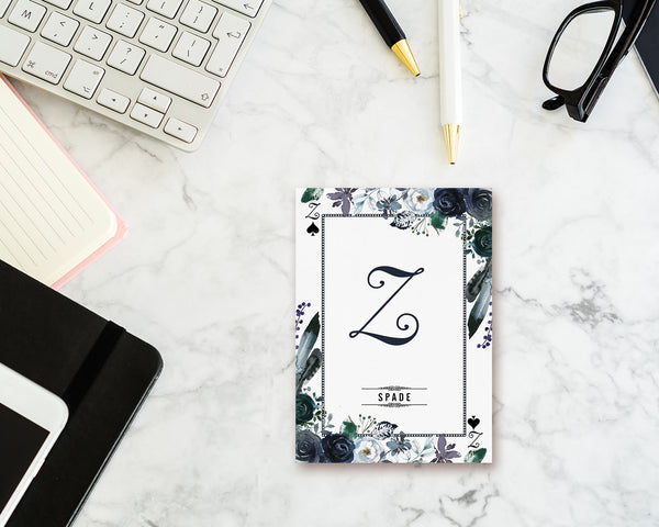 Watercolor Floral Flower Bouquet Initial Letter Z Spade Monogram Note Cards