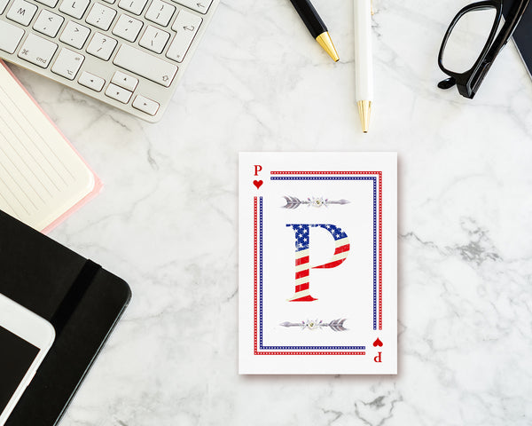 American Flag Letter P Heart Monogram Note Cards