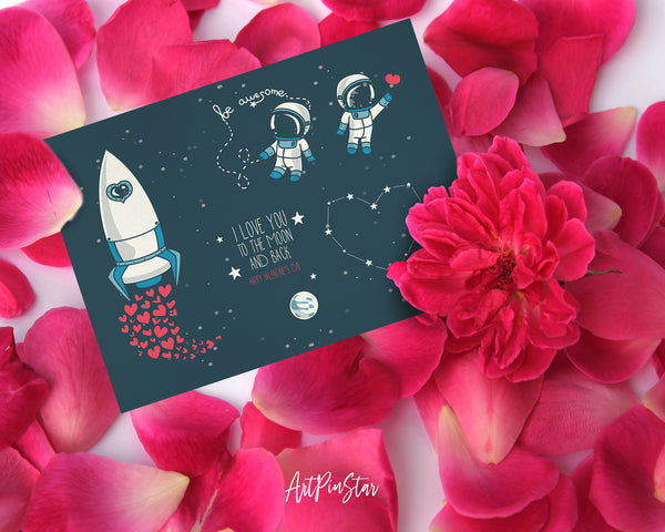 Valentine's Day, Moon, Stars, Astronauts in Space and Rocket, Cosmic Customized Greeting Card