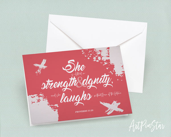 She is clothed in strength & dignity Proverbs 31:25 Bible Verse Customized Greeting Card