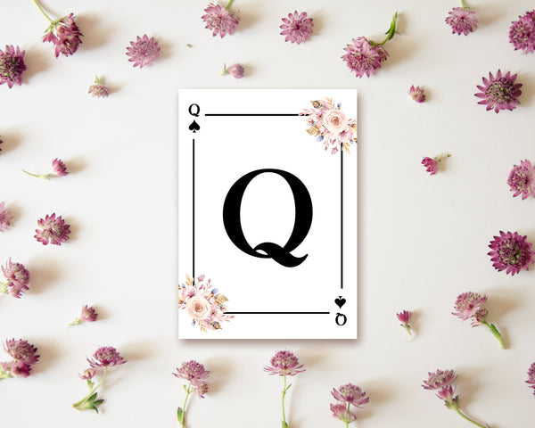 Boho Floral Bouquet Initial Flower Letter Q Spade Monogram Note Cards