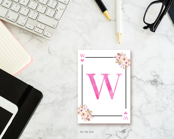 Boho Floral Bouquet Initial Flower Letter W Heart Monogram Note Cards