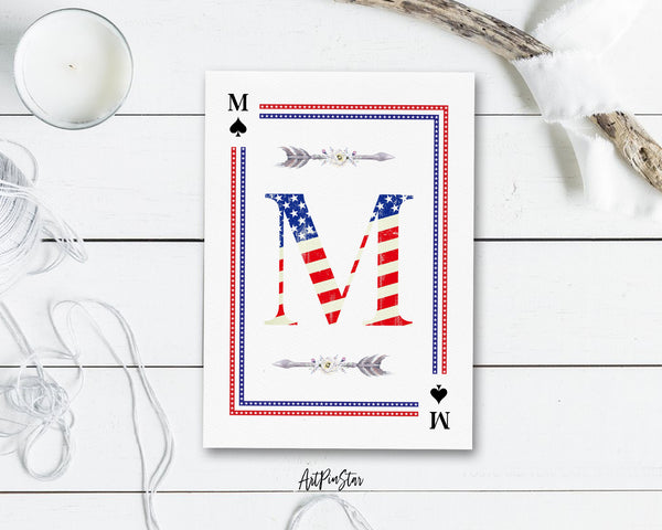 American Flag Letter M Spade Monogram Note Cards