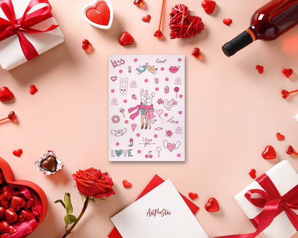 Valentine's Day Rabbit Love Doodles Customized Greeting Card