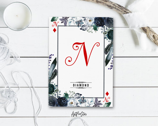 Watercolor Floral Flower Bouquet Initial Letter N Diamond Monogram Note Cards