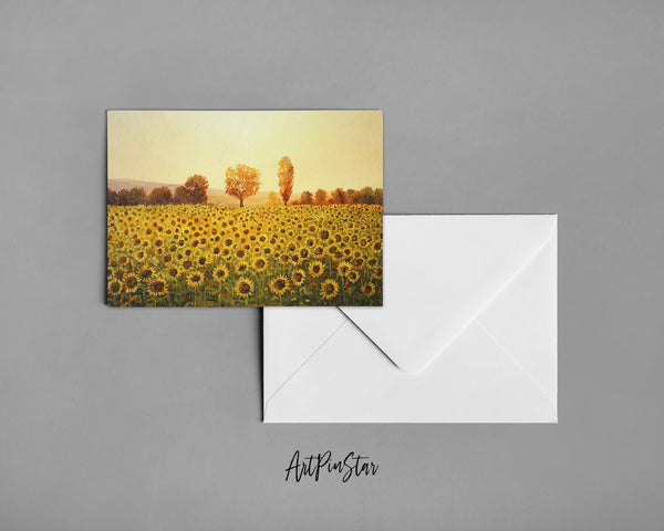 Rural Sunset Garden Flag A Golden Sunflower Field Lit by Warm Light of Setting Sun Trees Landscape Custom Greeting Cards