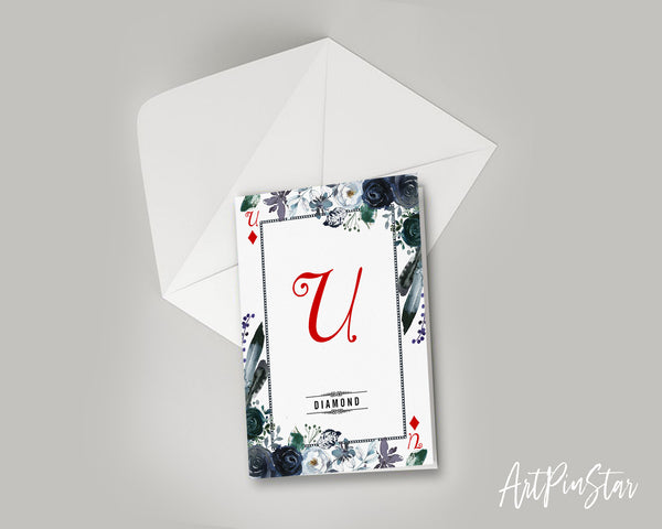 Watercolor Floral Flower Bouquet Initial Letter U Diamond Monogram Note Cards