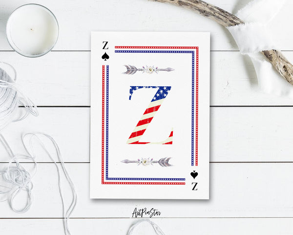 American Flag Letter Z Spade Monogram Note Cards