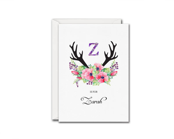 Initial Boho Floral Flower Personalized Letter Z is for Name  Monogram Note Cards