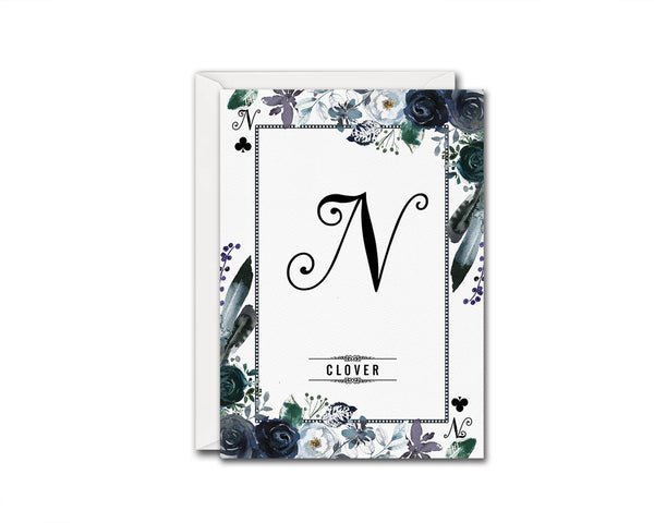 Watercolor Floral Flower Bouquet Initial Letter N Clover Monogram Note Cards