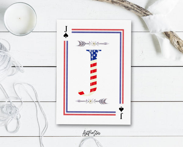 American Flag Letter J Spade Monogram Note Cards