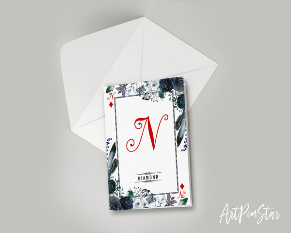 Watercolor Floral Flower Bouquet Initial Letter N Diamond Monogram Note Cards