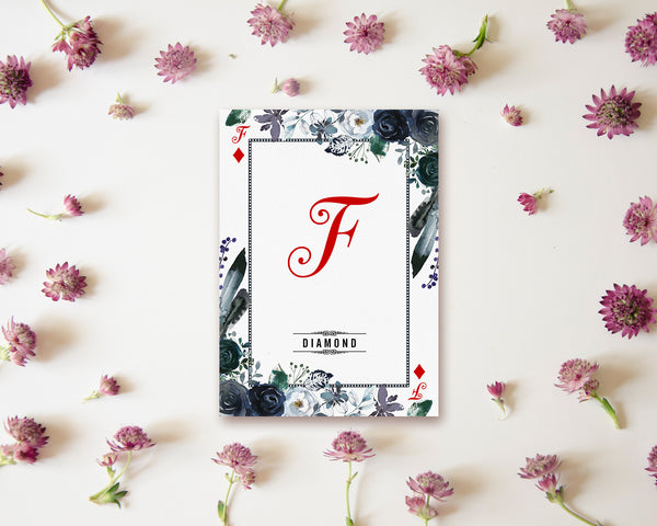 Watercolor Floral Flower Bouquet Initial Letter F Diamond Monogram Note Cards