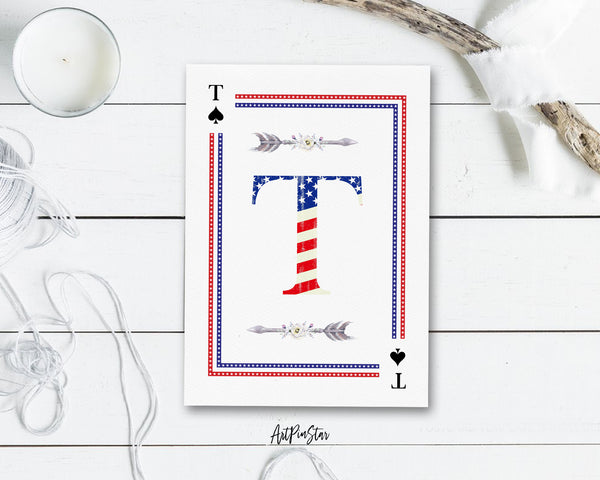 American Flag Letter T Spade Monogram Note Cards