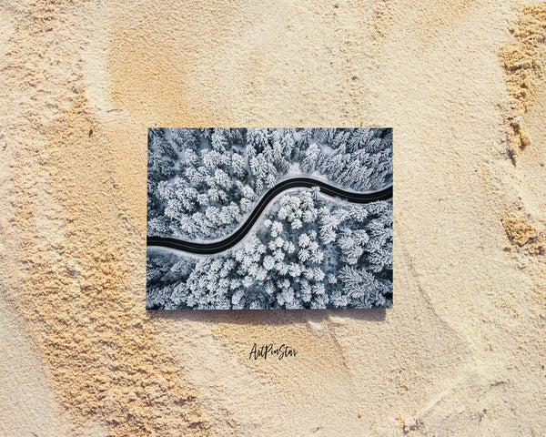 Curvy Windy Road in Snow Covered Forest Landscape Custom Greeting Cards