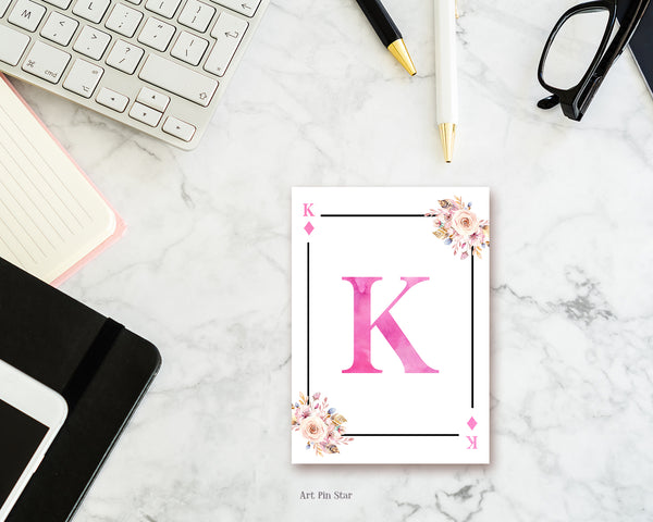 Boho Floral Bouquet Initial Flower Letter K Diamond Monogram Note Cards