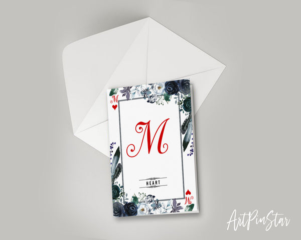 Watercolor Floral Flower Bouquet Initial Letter M Heart Monogram Note Cards