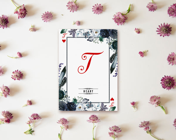 Watercolor Floral Flower Bouquet Initial Letter T Heart Monogram Note Cards