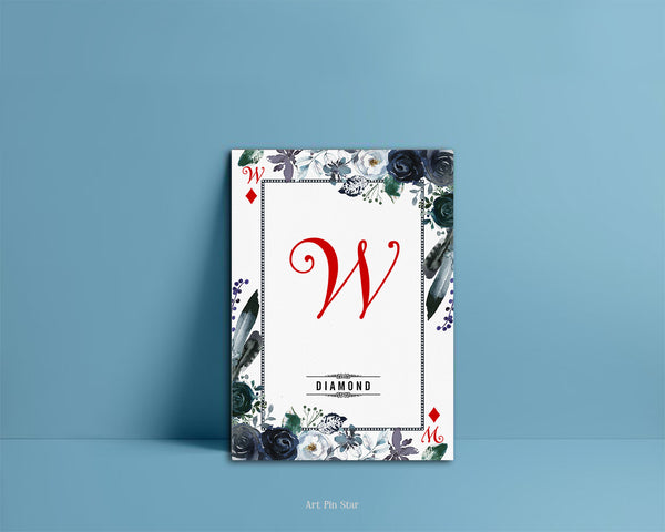 Watercolor Floral Flower Bouquet Initial Letter W Diamond Monogram Note Cards