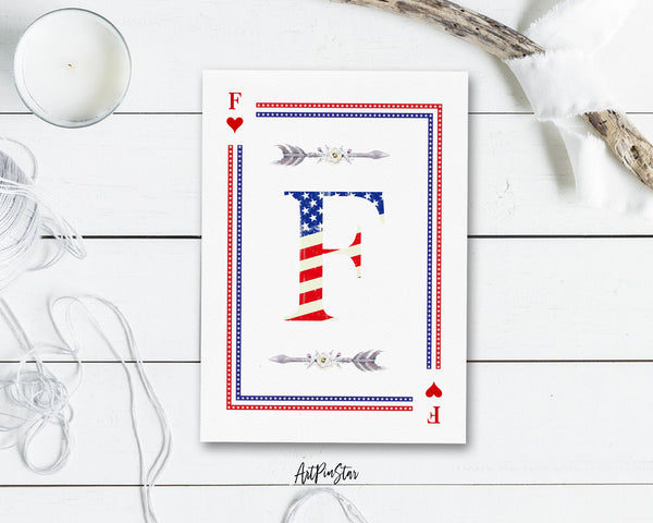 American Flag Letter F Heart Monogram Note Cards