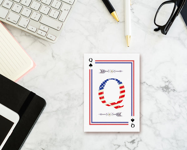 American Flag Letter Q Spade Monogram Note Cards