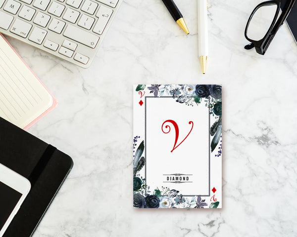 Watercolor Floral Flower Bouquet Initial Letter V Diamond Monogram Note Cards