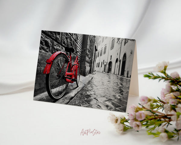 Retro Vintage Red Bike on Cobblestone Street Landscape Custom Greeting Cards