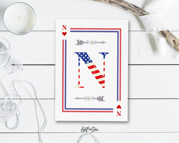 American Flag Letter N Heart Monogram Note Cards