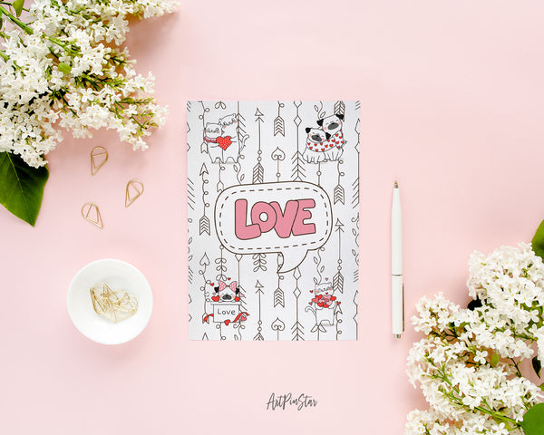 Valentine's Day Cute Cat and Pug Dog with Little Heart Customized Greeting Card