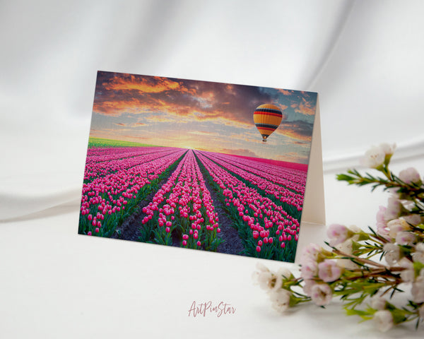Tulip Field of Blooming Pink Landscape Custom Greeting Cards