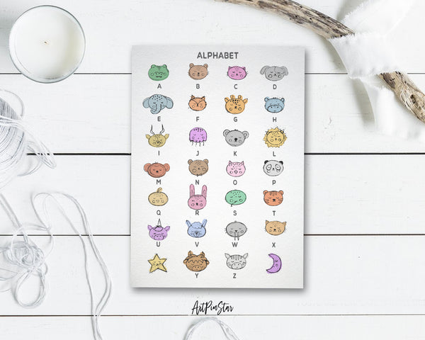 Alphabet Animal Letter Initial Chart A-Z Color Monogram Note Cards